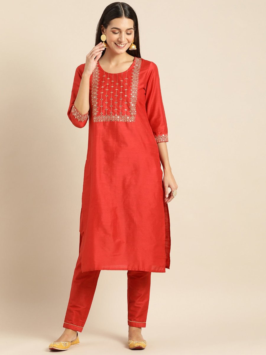 All About You Women Red Woven Design Kurta with Trousers | Grocsy