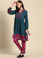 Sangria Women Floral Printed Gathered A-Line Kurta with Trousers | Grocsy