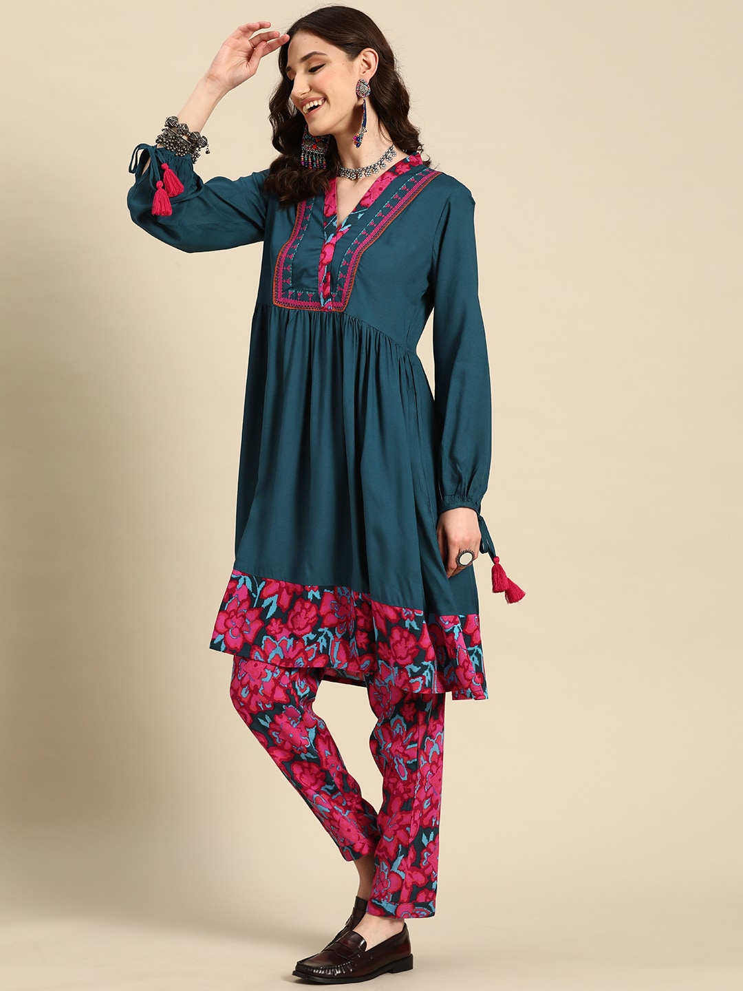 Sangria Women Floral Printed Gathered A-Line Kurta with Trousers | Grocsy