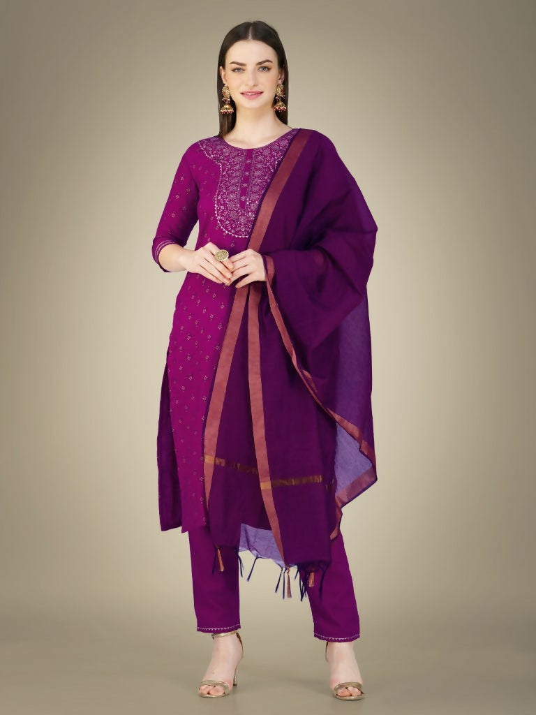 Jyoti Fashion Women's Purple Cotton Magic Slub Embroidery & Sequence work Kurta with Trouser & Dupatta | Grocsy