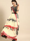 Sangria Off-White & Black Pure Linen Printed Saree | Grocsy