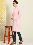 House of Pataudi Men Chikankari Yoke Design Pastels Pure Cotton Rozana Kurta | Grocsy
