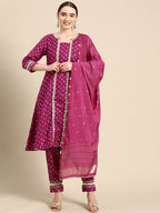 Sangria Ethnic Motifs Printed Gotta Patti Pure Cotton Kurta with Trousers & Dupatta | Grocsy