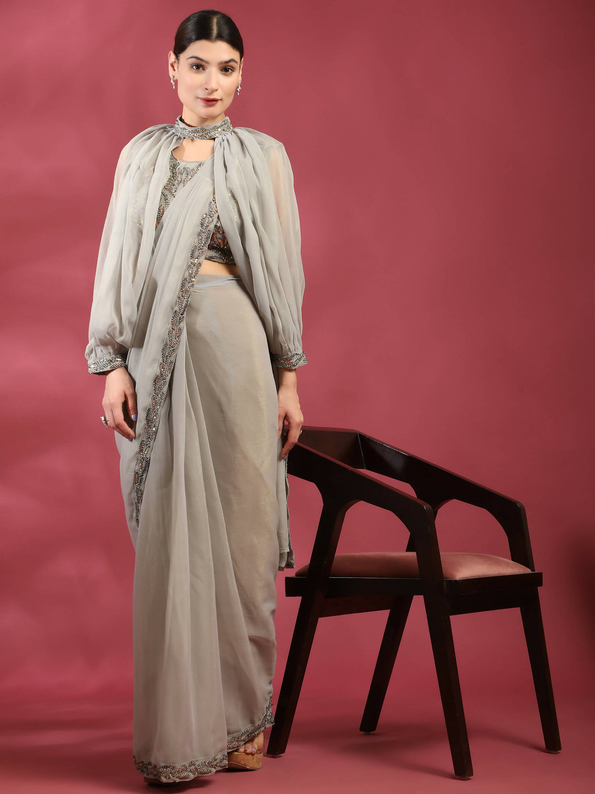 Grey Fancy Pure Fabric Plain Ready to wear Saree with stitched Blouse - Vrinda | Grocsy