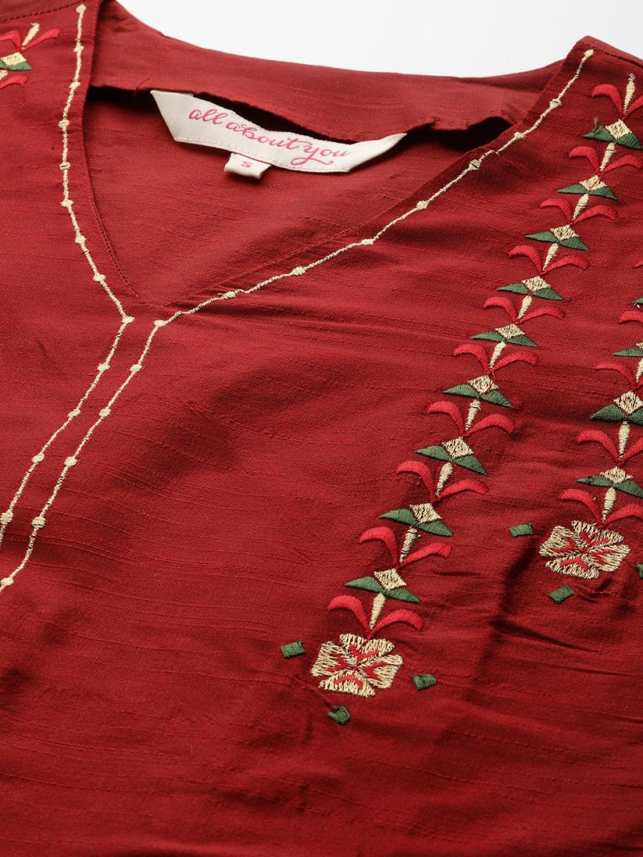 All About You Women Maroon & Golden Embroidered Regular Kurta with Trousers & Dupatta | Grocsy