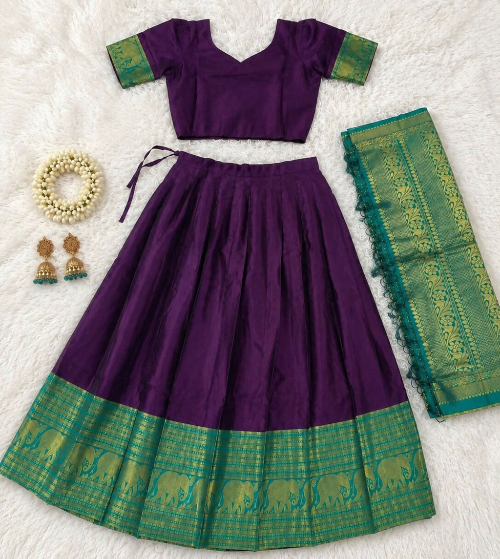 Teeya Creation Wine Traditional Lehenga Choli Set Featuring Intricate Purple and Gold Zari Detailing | Grocsy