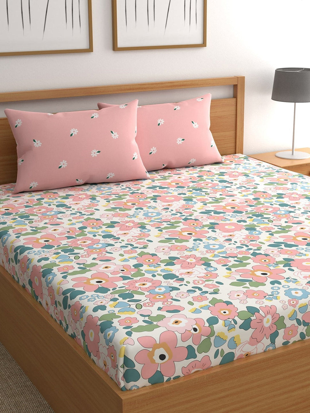 CHHAVI INDIA White & Pink Floral Ultra Soft 210 TC King Bedsheet with 2 Pillow Covers | Grocsy