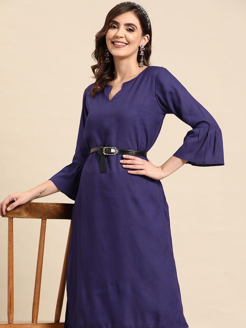 Sangria Bell Sleeves Solid Straight Kurta With Trousers | Grocsy