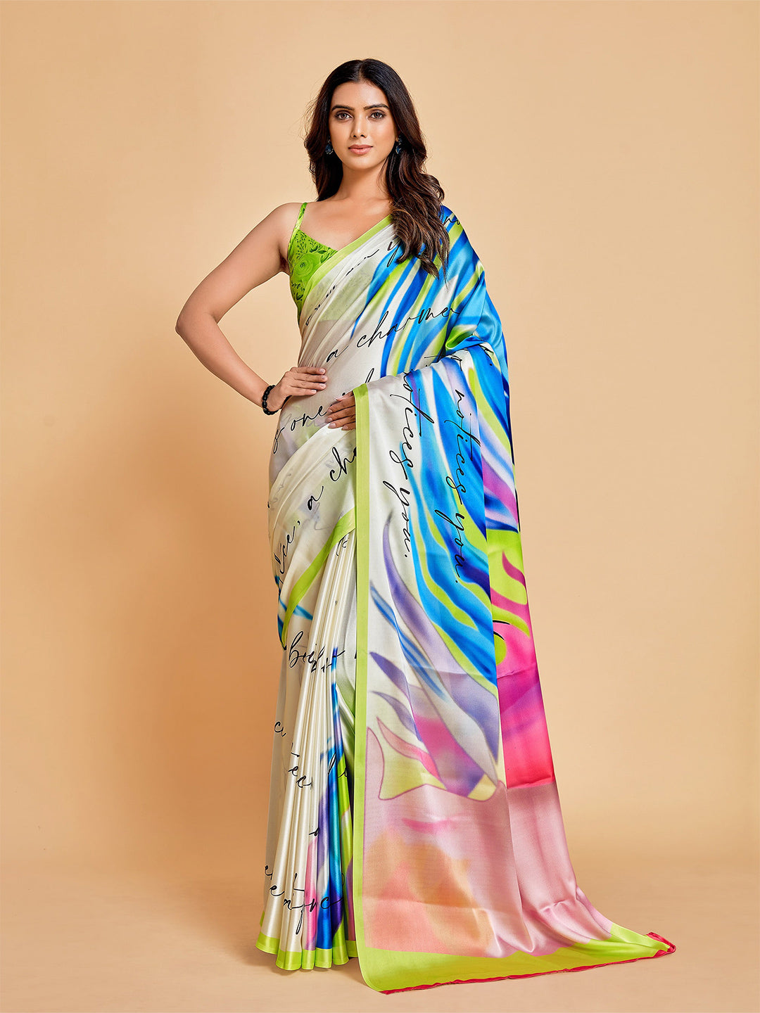 Sangria White & Blue Satin Saree | Grocsy