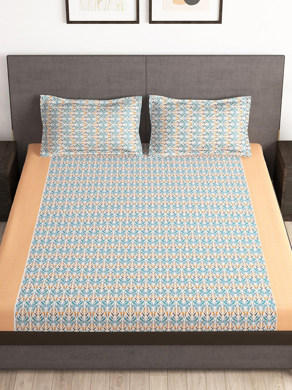 Story@home Tango Blue & White Printed 240 TC King Bedsheet with 2 Pillow Covers | Grocsy