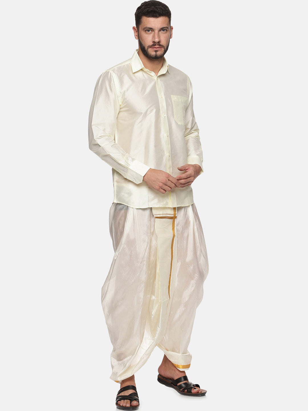 Sethukrishna Men Cream-Coloured & Golden Solid Silk Dhoti | Grocsy