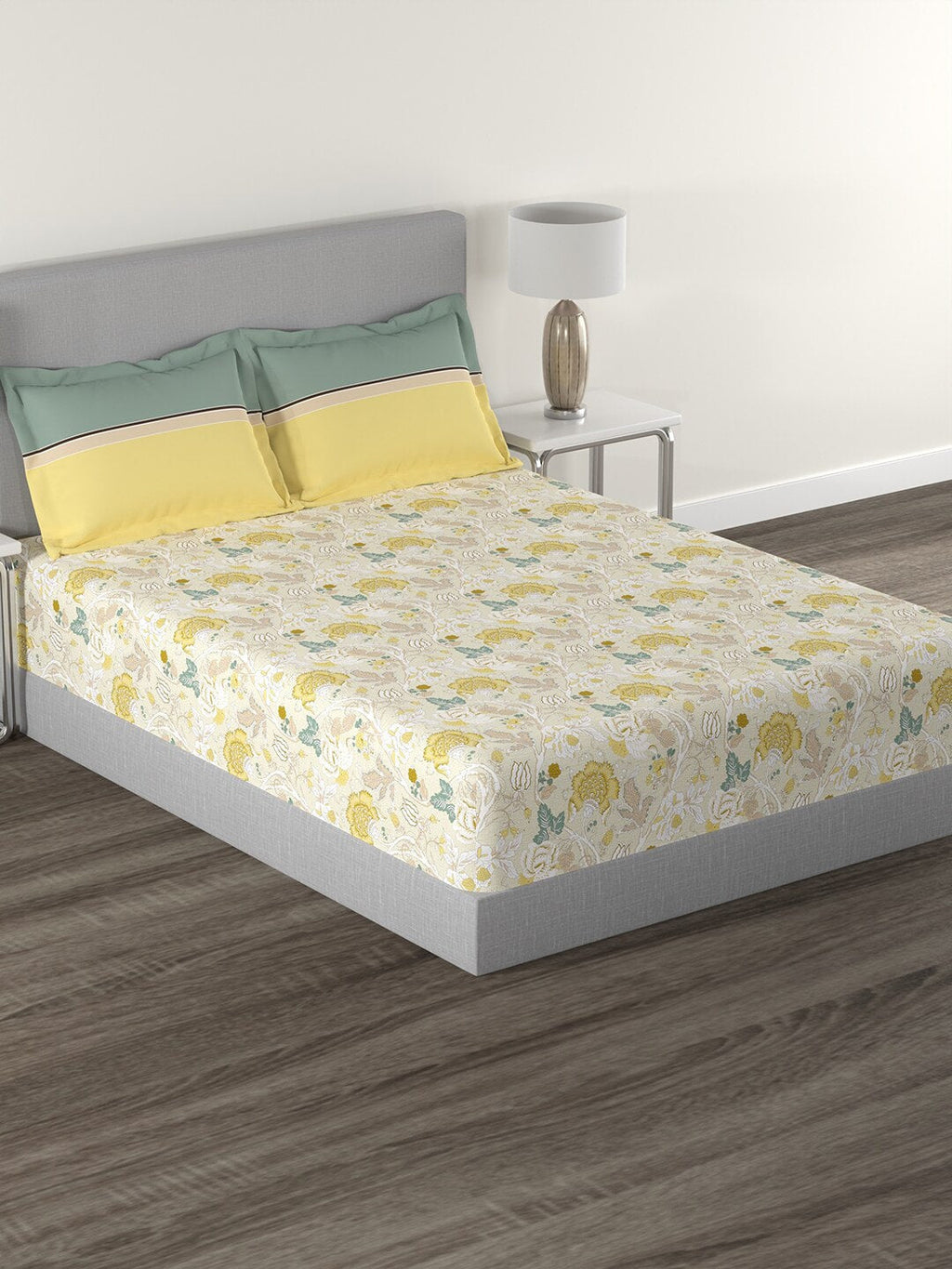 MYTRIDENT Yellow White Floral Cotton 144 TC Queen Bedsheet With 2 Pillow Covers | Grocsy