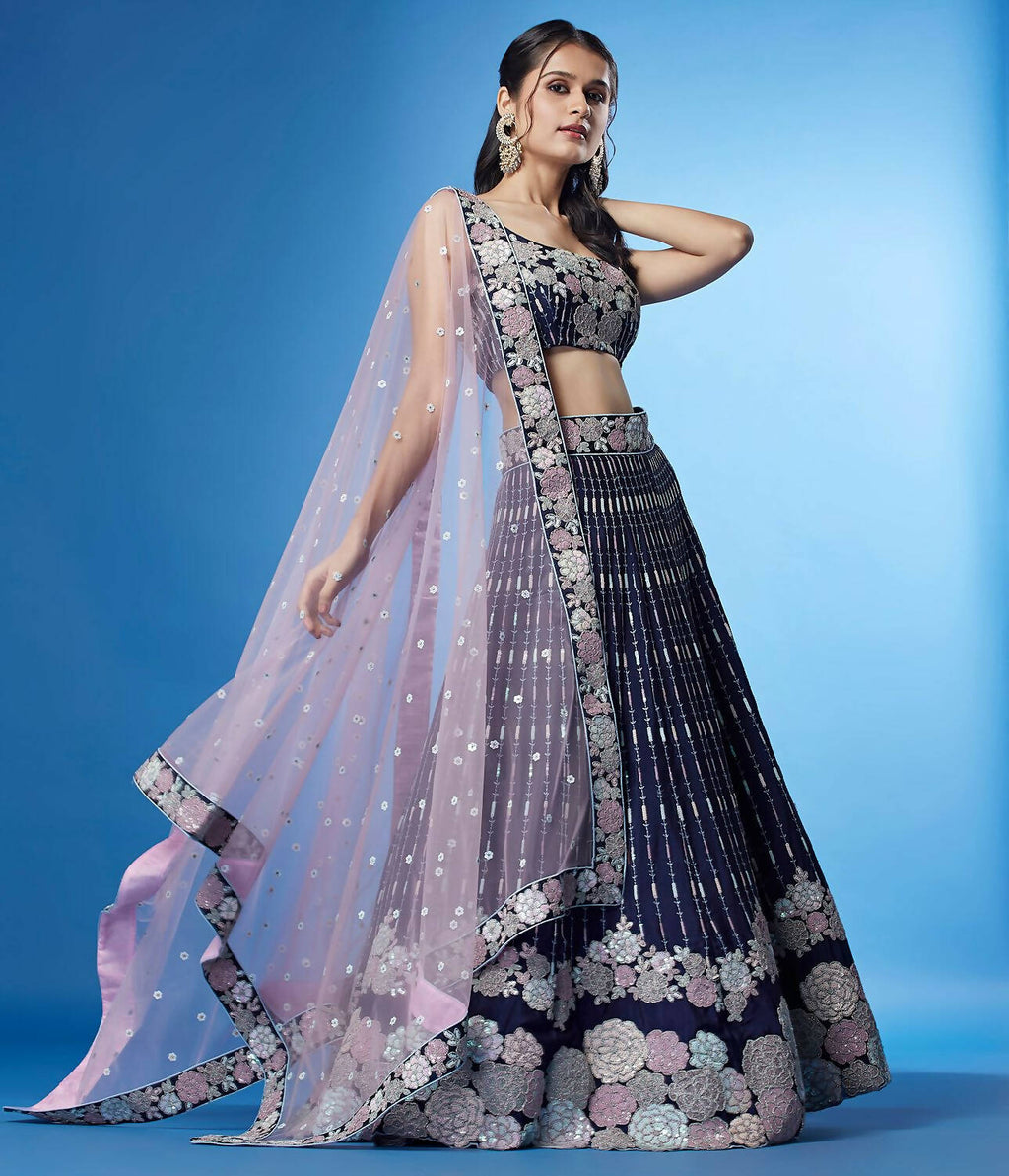 House of Panchhi Navy Blue Color Georgette Multi-Sequins Work Lehenga | Grocsy