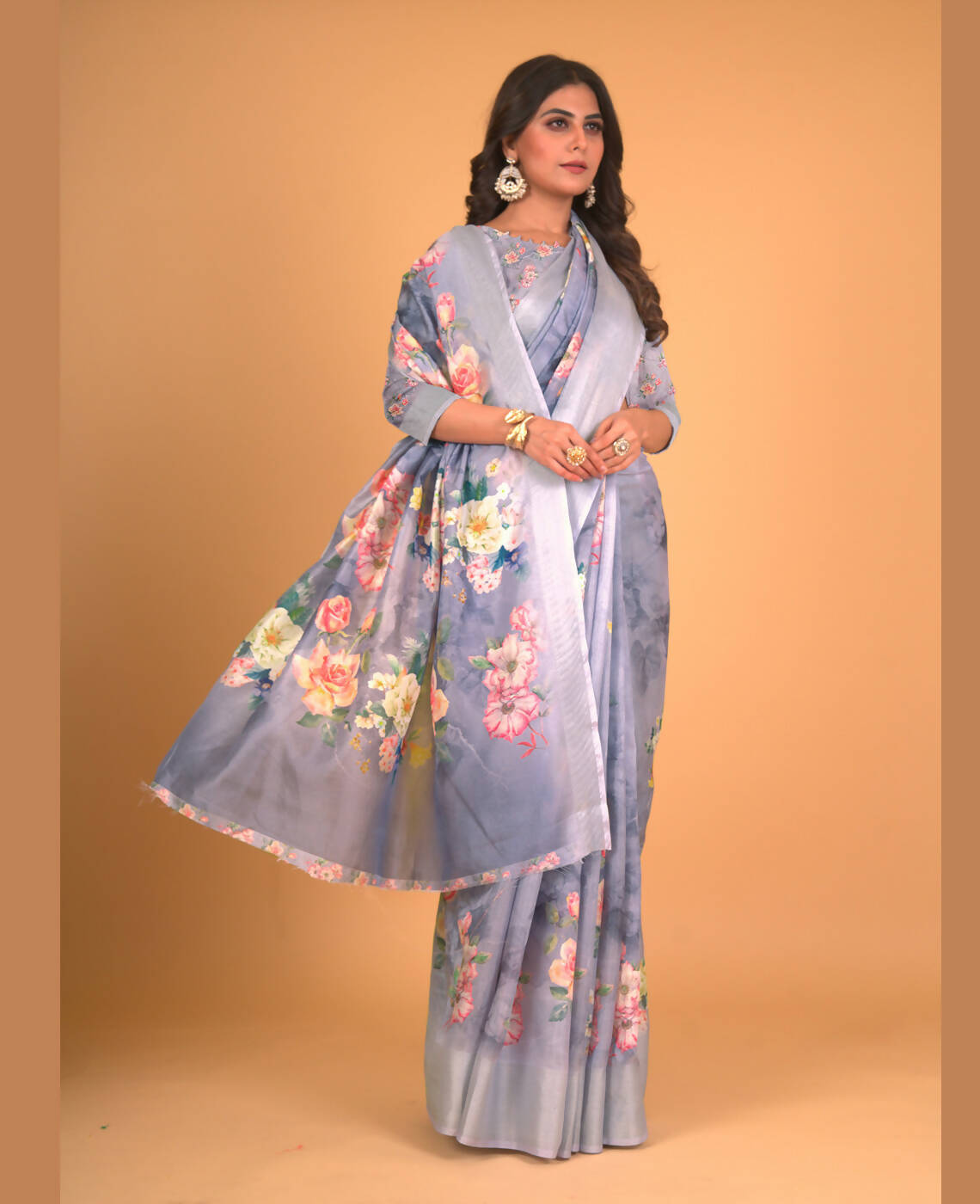 Grey Cotton Silk Floral Printed Saree With Unstitched Blouse Piece - Akshita | Grocsy
