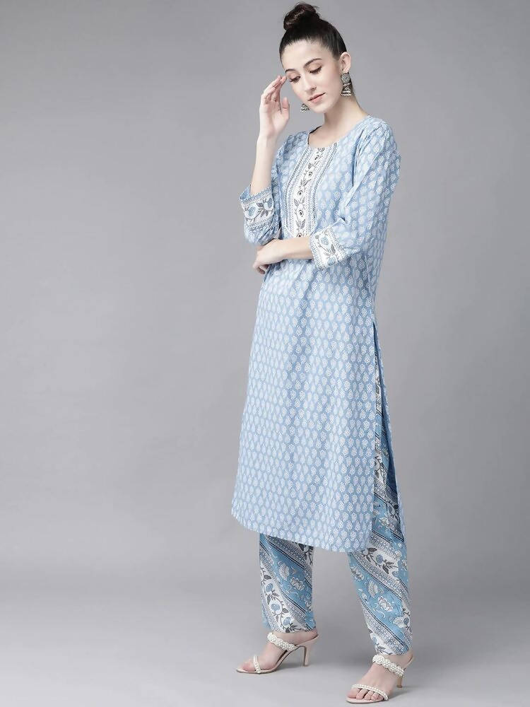 Yufta Women Blue and white printed kurta with Palazzo and Dupatta Set | Grocsy