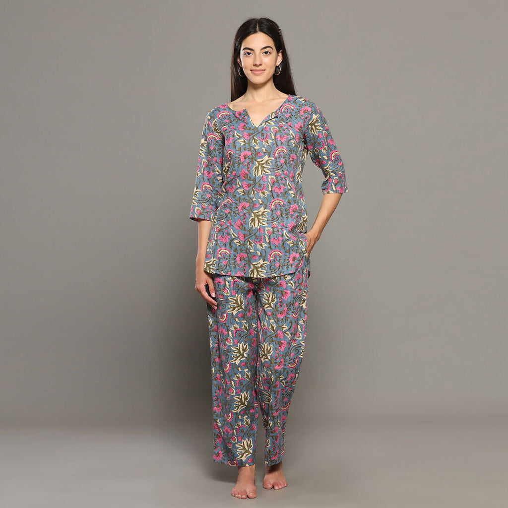 Breathables Women Cotton Printed Loungewear Kurta And Pants Co-Ord Set Grey I Night Wear | Floral Print | Grocsy