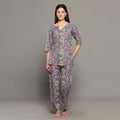Breathables Women Cotton Printed Loungewear Kurta And Pants Co-Ord Set Grey I Night Wear | Floral Print | Grocsy