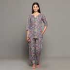 Breathables Women Cotton Printed Loungewear Kurta And Pants Co-Ord Set Grey I Night Wear | Floral Print | Grocsy