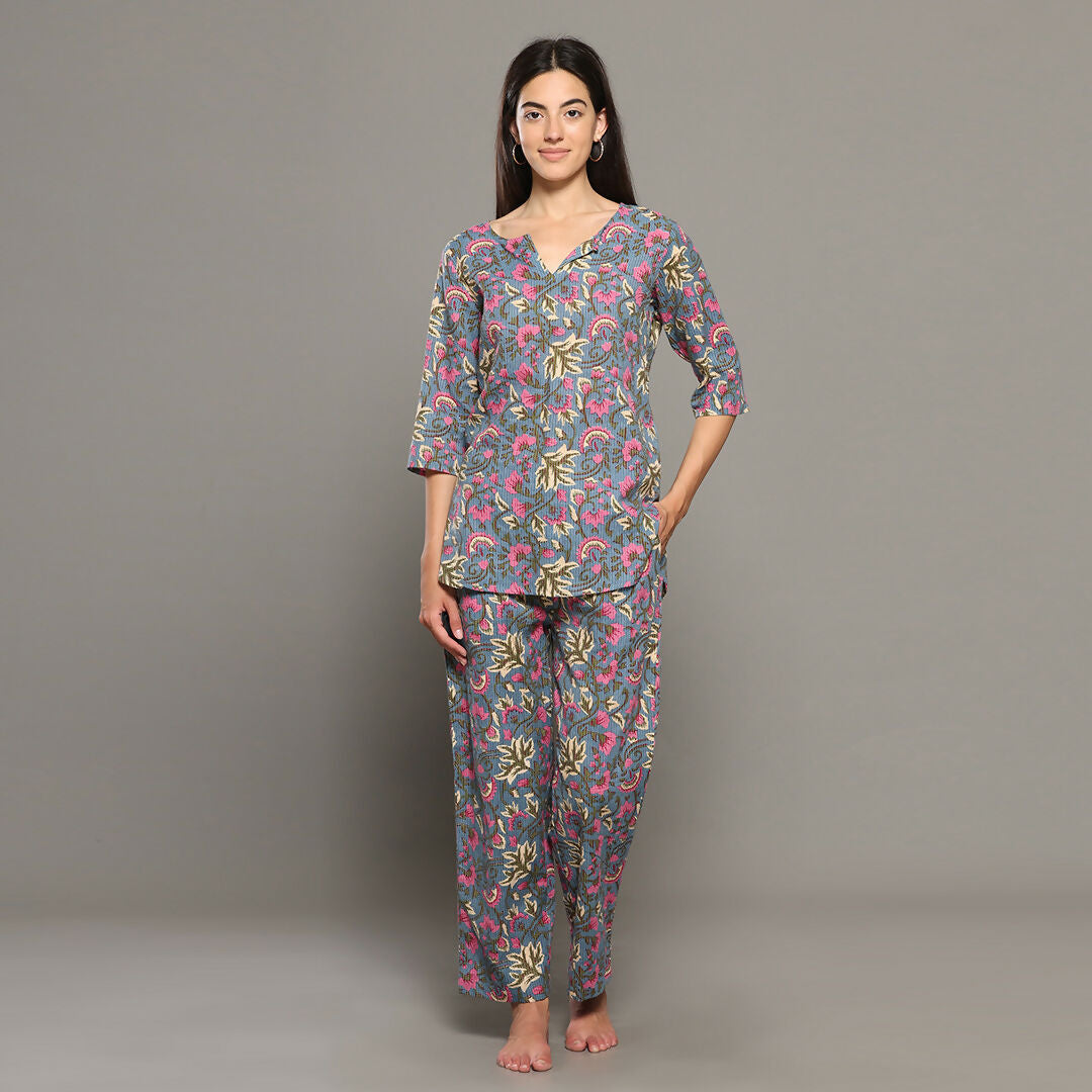 Breathables Women Cotton Printed Loungewear Kurta And Pants Co-Ord Set Grey I Night Wear | Floral Print | Grocsy