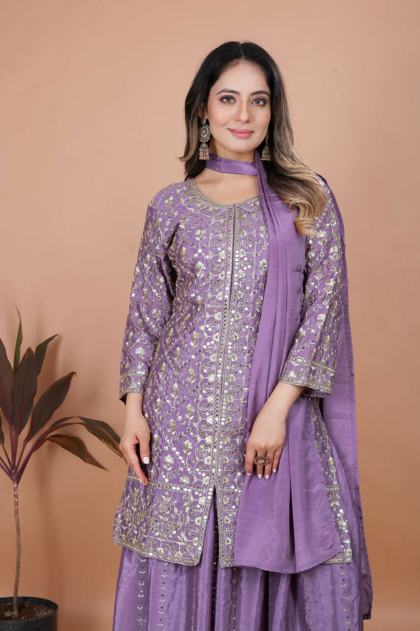 Joban Fashion Purple Silk Embroidered Sharara Set | Grocsy