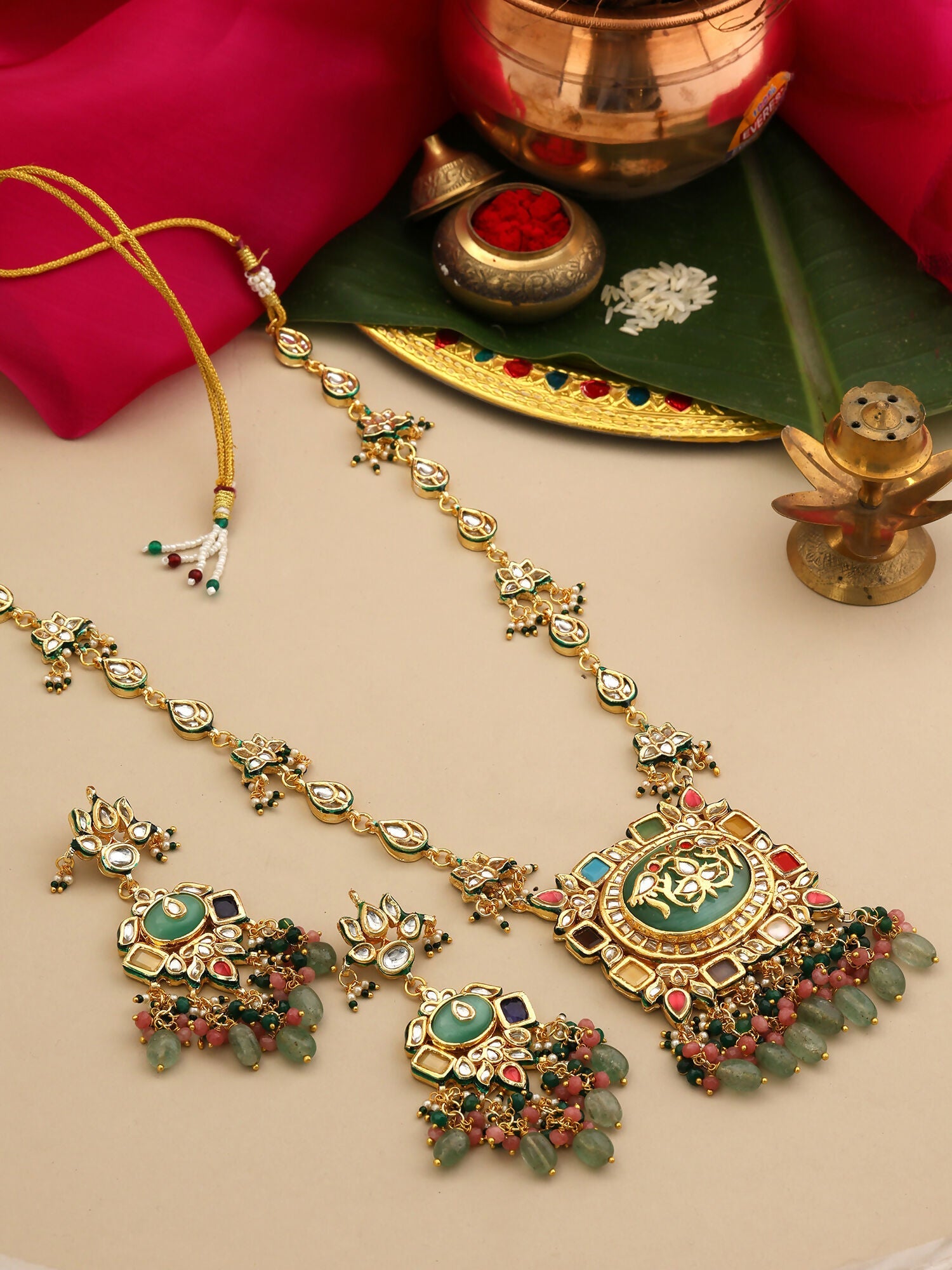 Ruby Raang Kundan Haar With Matching Earrings | Grocsy