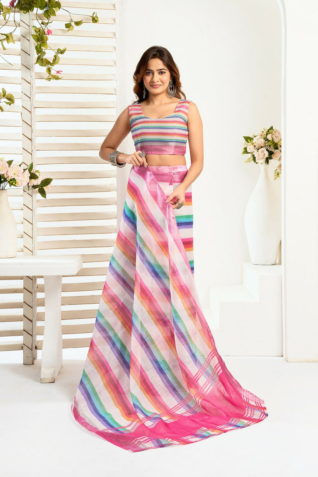Vastranavya Rainbow Digital Printed Linen Ready To Wear Designer Saree with Unstitched Blouse | Grocsy