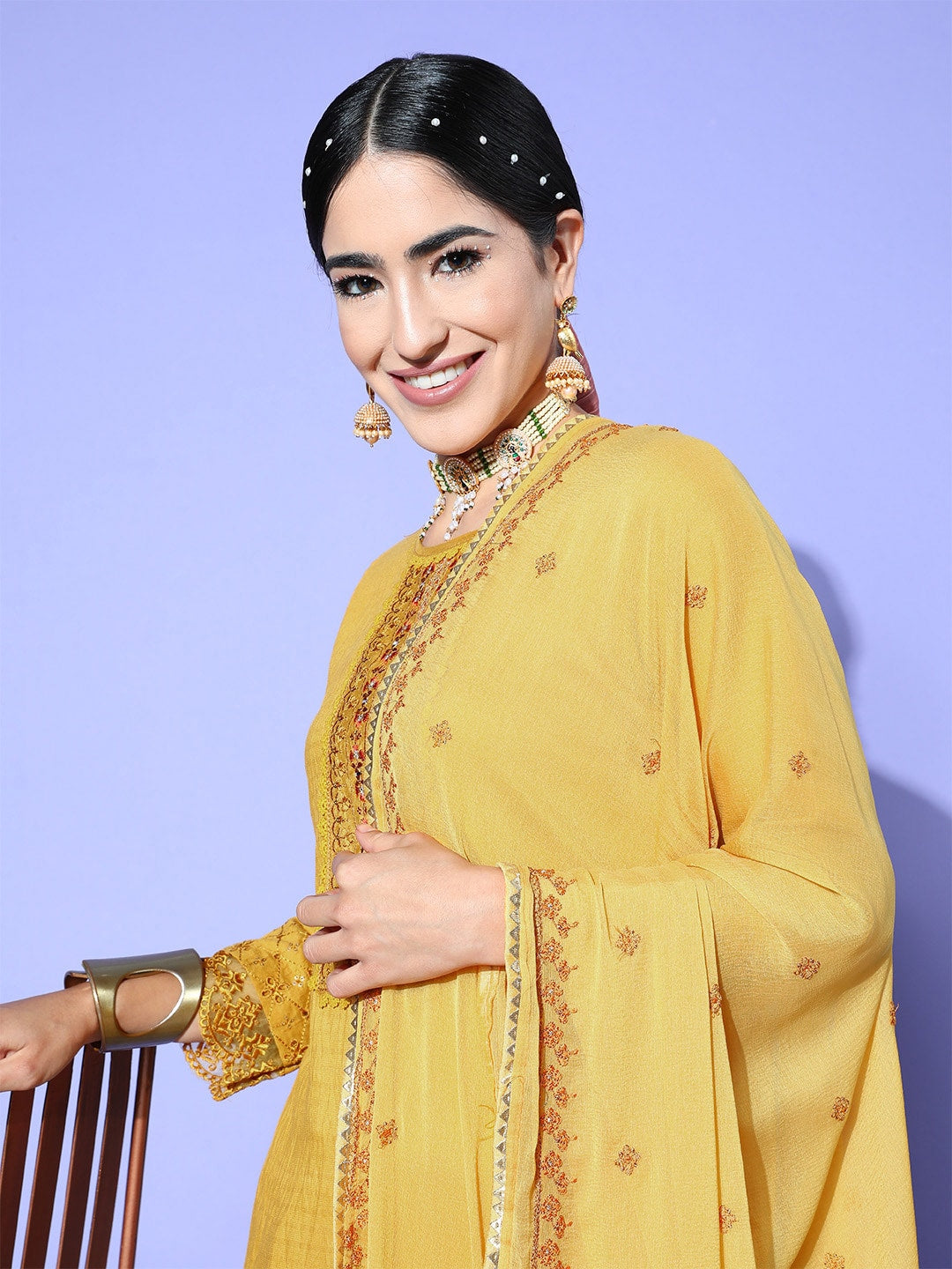 Sangria Floral Embroidered Regular Sequinned Kurta with Trousers & With Dupatta | Grocsy
