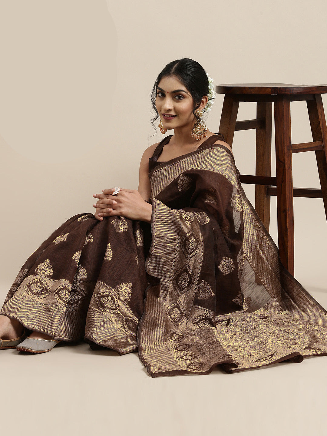 Saree Mall Brown Ethnic Motifs Linen Blend Banarasi Saree | Grocsy