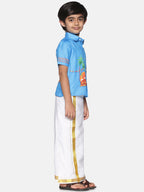 Sethukrishna Boys Traditional Boys Blue & White Printed Shirt with Dhoti | Grocsy