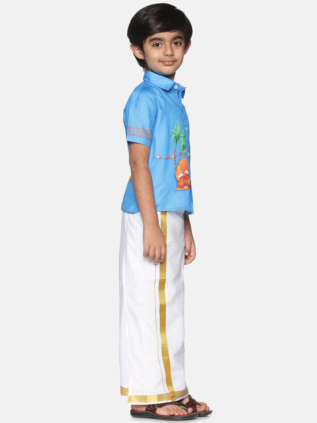 Sethukrishna Boys Traditional Boys Blue & White Printed Shirt with Dhoti | Grocsy