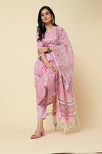 Designer Stylish Pink Cotton Blend Stitched Suit With Dupatta - Tanisha | Grocsy