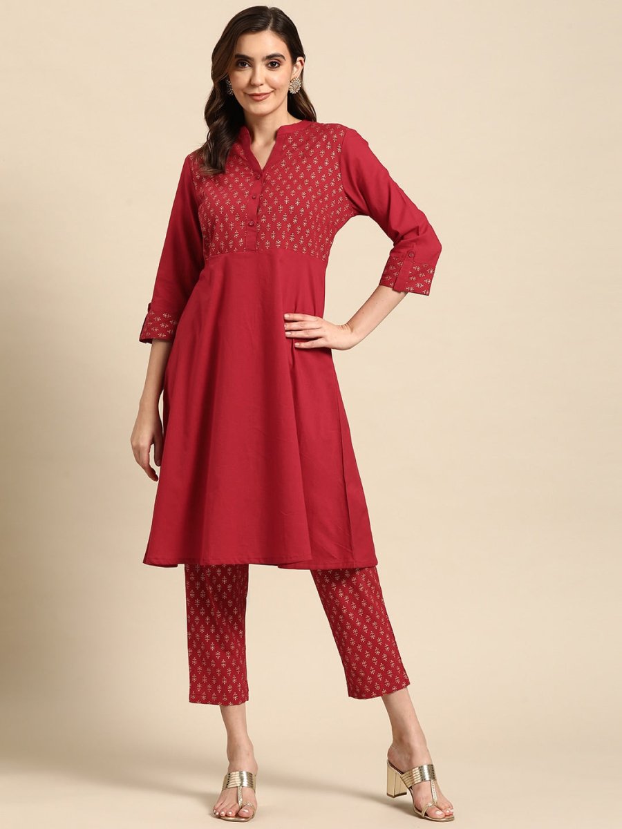 All About You Women Motifs Yoke Design A-Line Kurta with Trousers | Grocsy