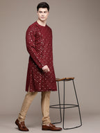 House of Pataudi Ethnic Motifs Embroidered Pure Cotton Sequinned Jashn Kurta | Grocsy