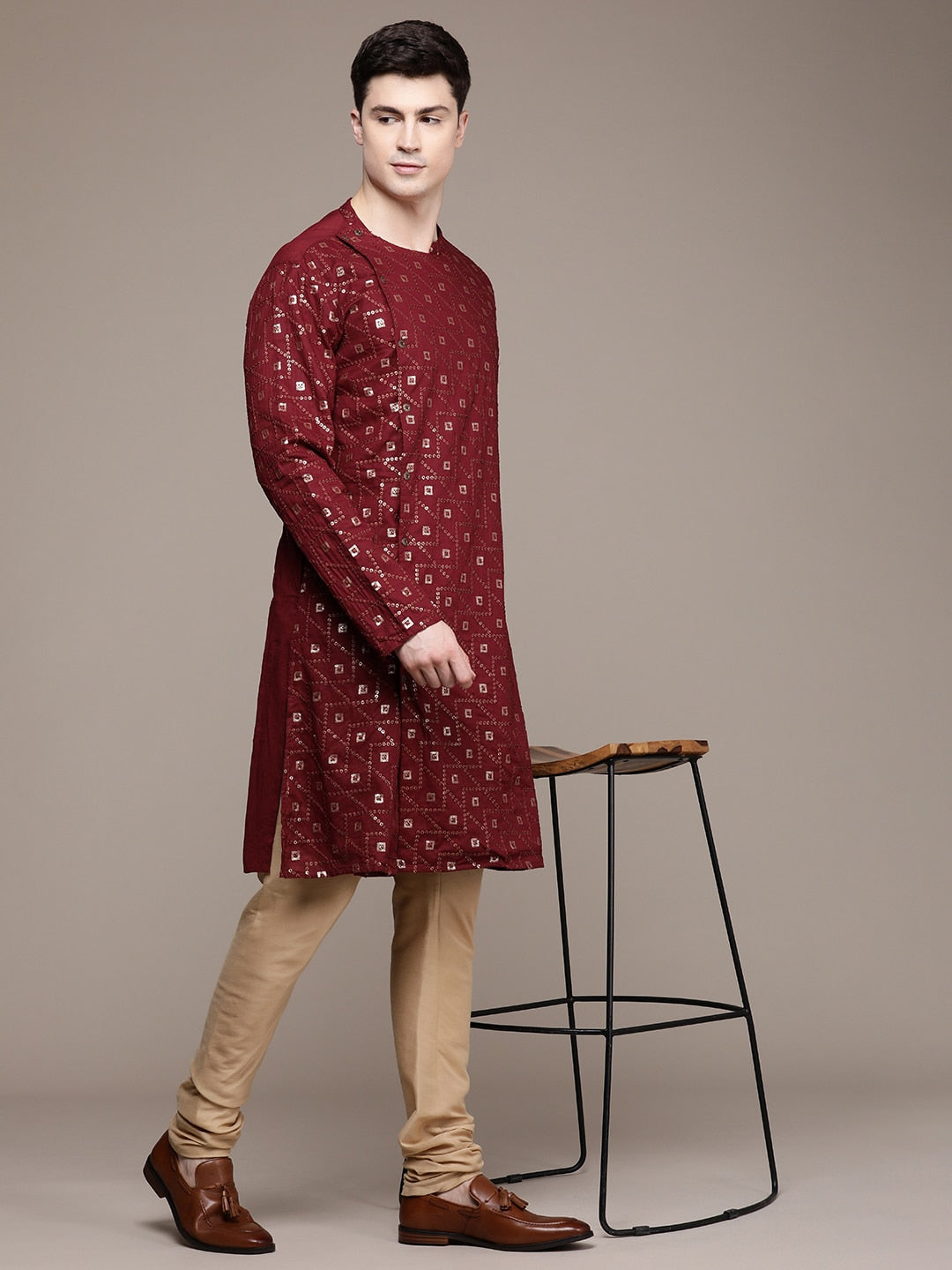 House of Pataudi Ethnic Motifs Embroidered Pure Cotton Sequinned Jashn Kurta | Grocsy