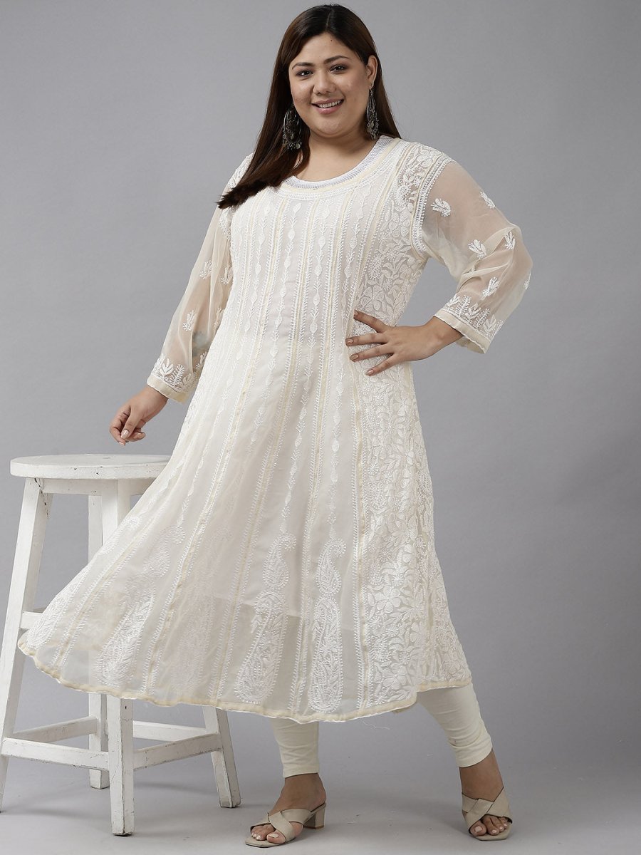 ADA Women Beige Ethnic Motifs Plus Size Chikankari Georgette Anarkali Kurta | Grocsy