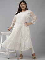 ADA Women Beige Ethnic Motifs Plus Size Chikankari Georgette Anarkali Kurta | Grocsy