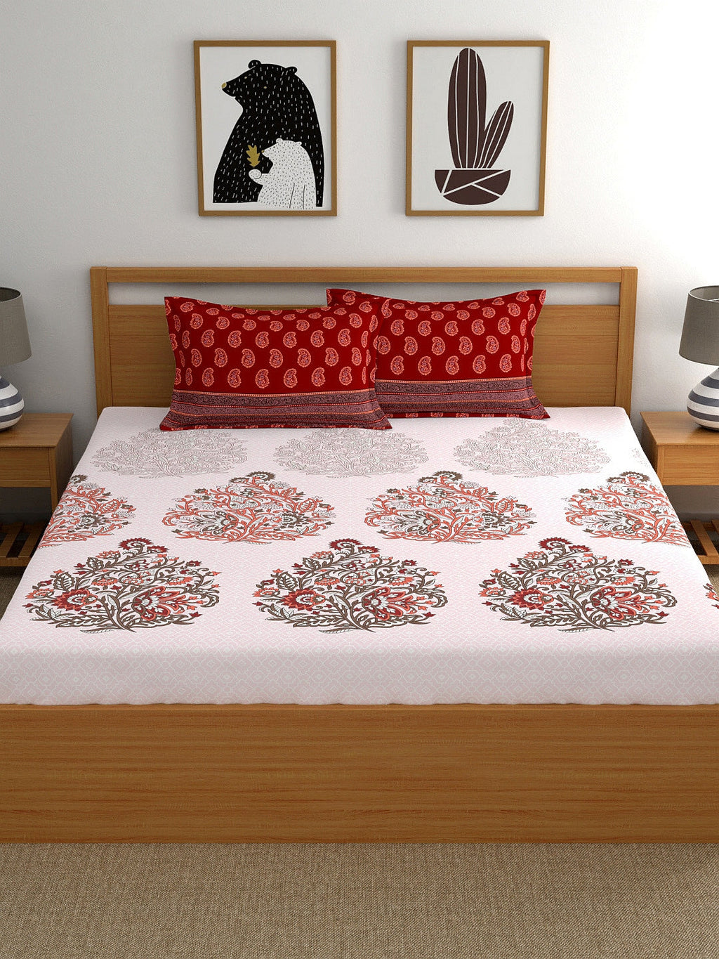 My Room Red & White Ethnic Motifs 140 TC King Bedsheet with 2 Pillow Covers | Grocsy