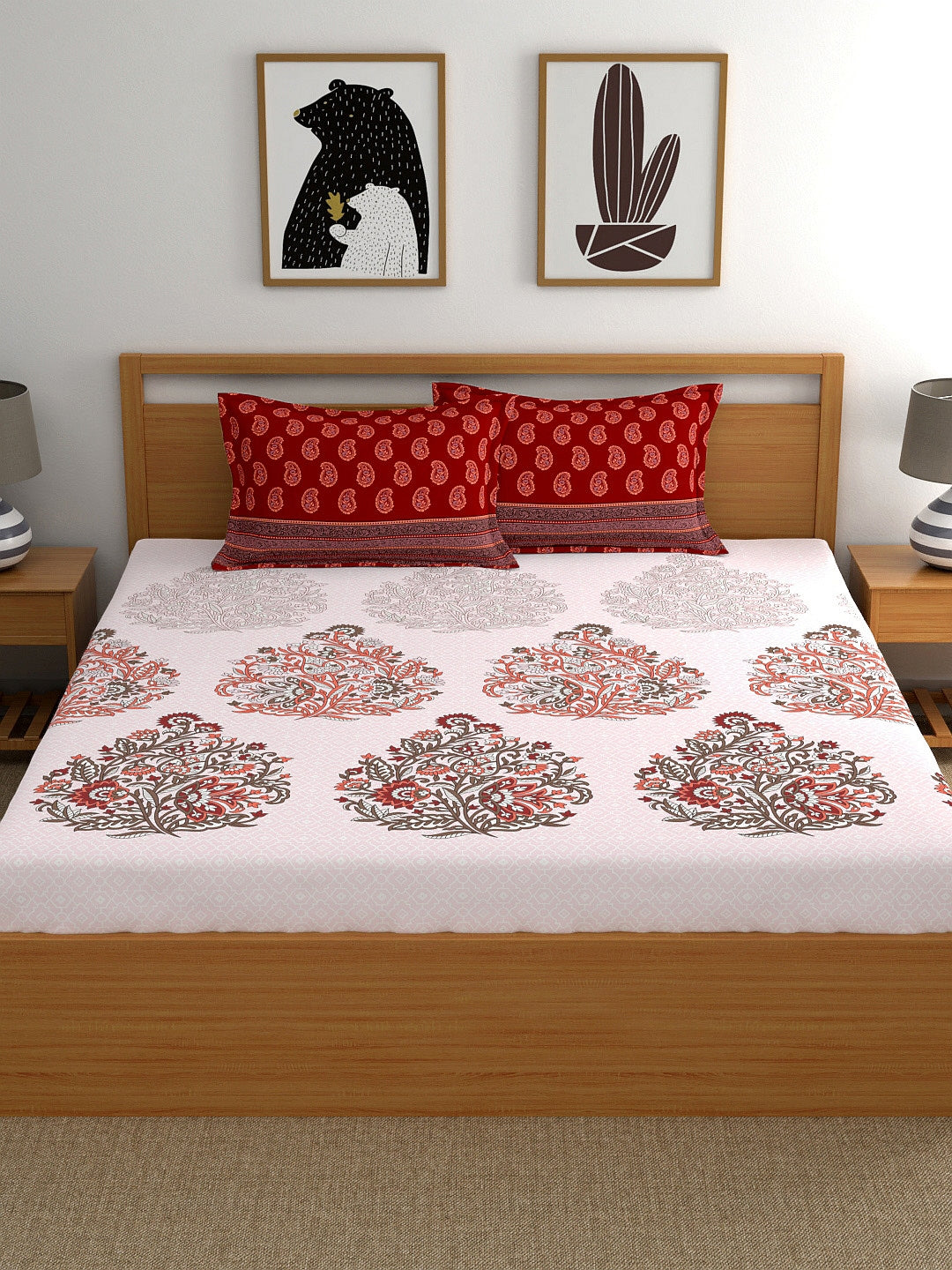 My Room Red & White Ethnic Motifs 140 TC King Bedsheet with 2 Pillow Covers | Grocsy