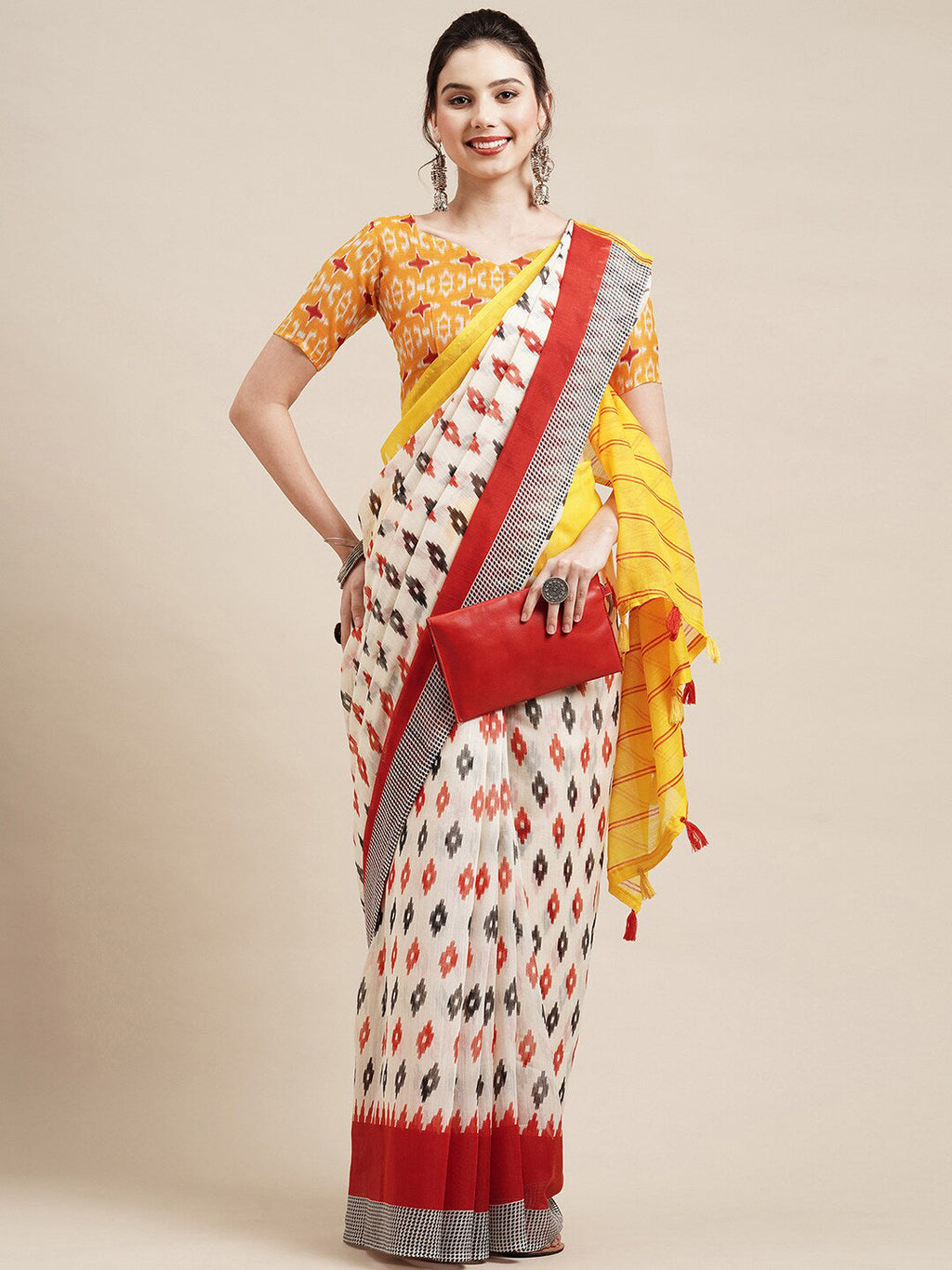 Saree Mall Off White & Red Pure Cotton Saree | Grocsy