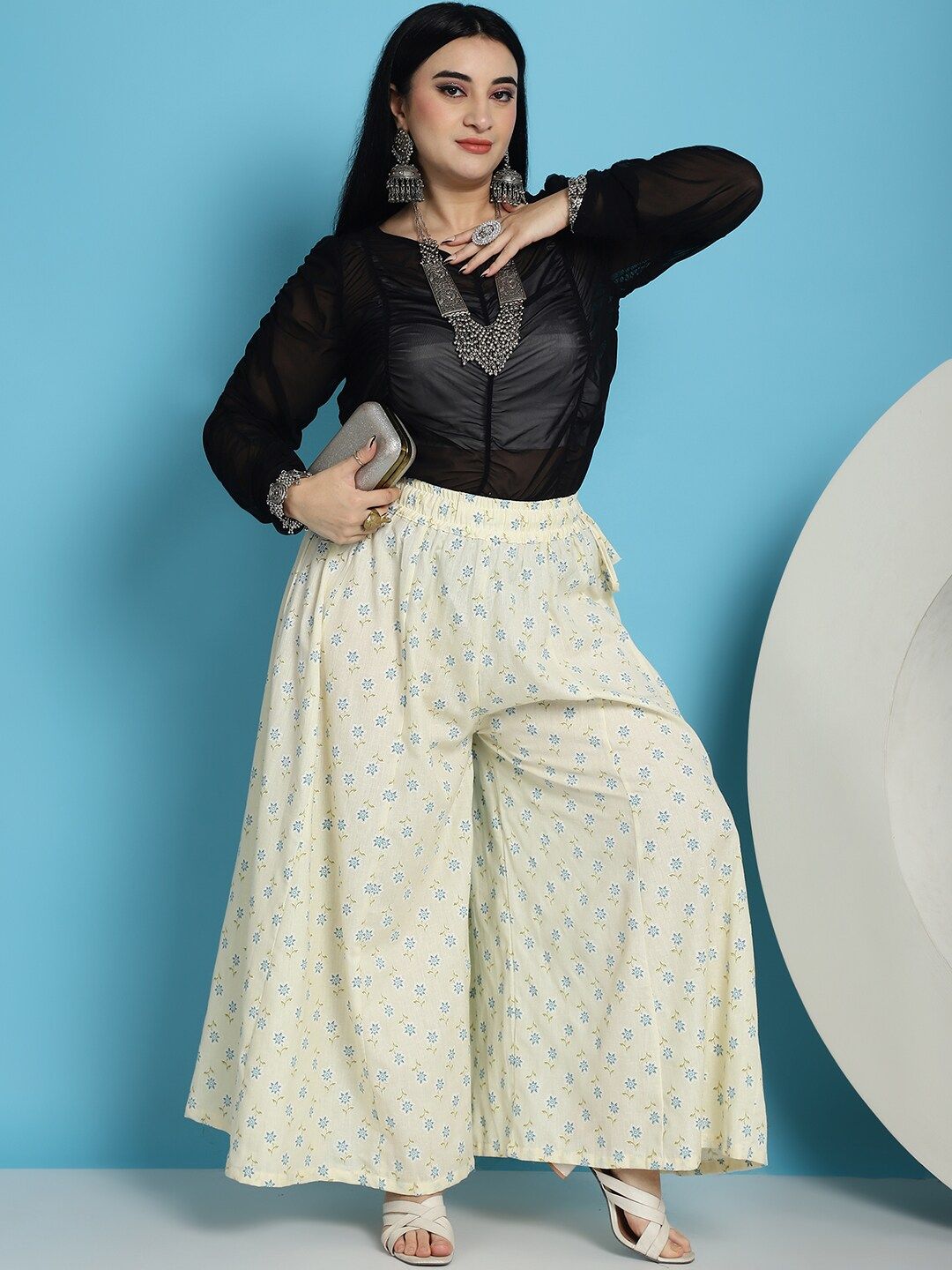 TAG 7 Ethnic Motifs Printed Pure Cotton Flared Ethnic Palazzo | Grocsy