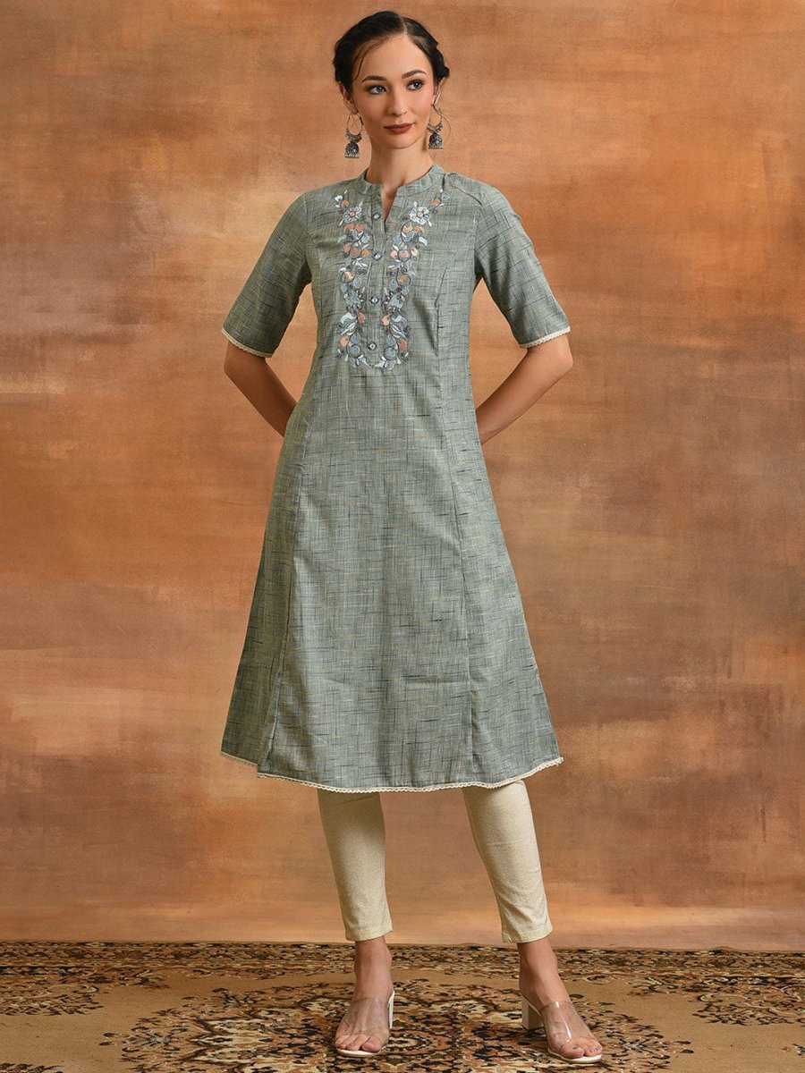 Aks Floral Embroidered Thread Work Cotton A-Line Kurta | Grocsy