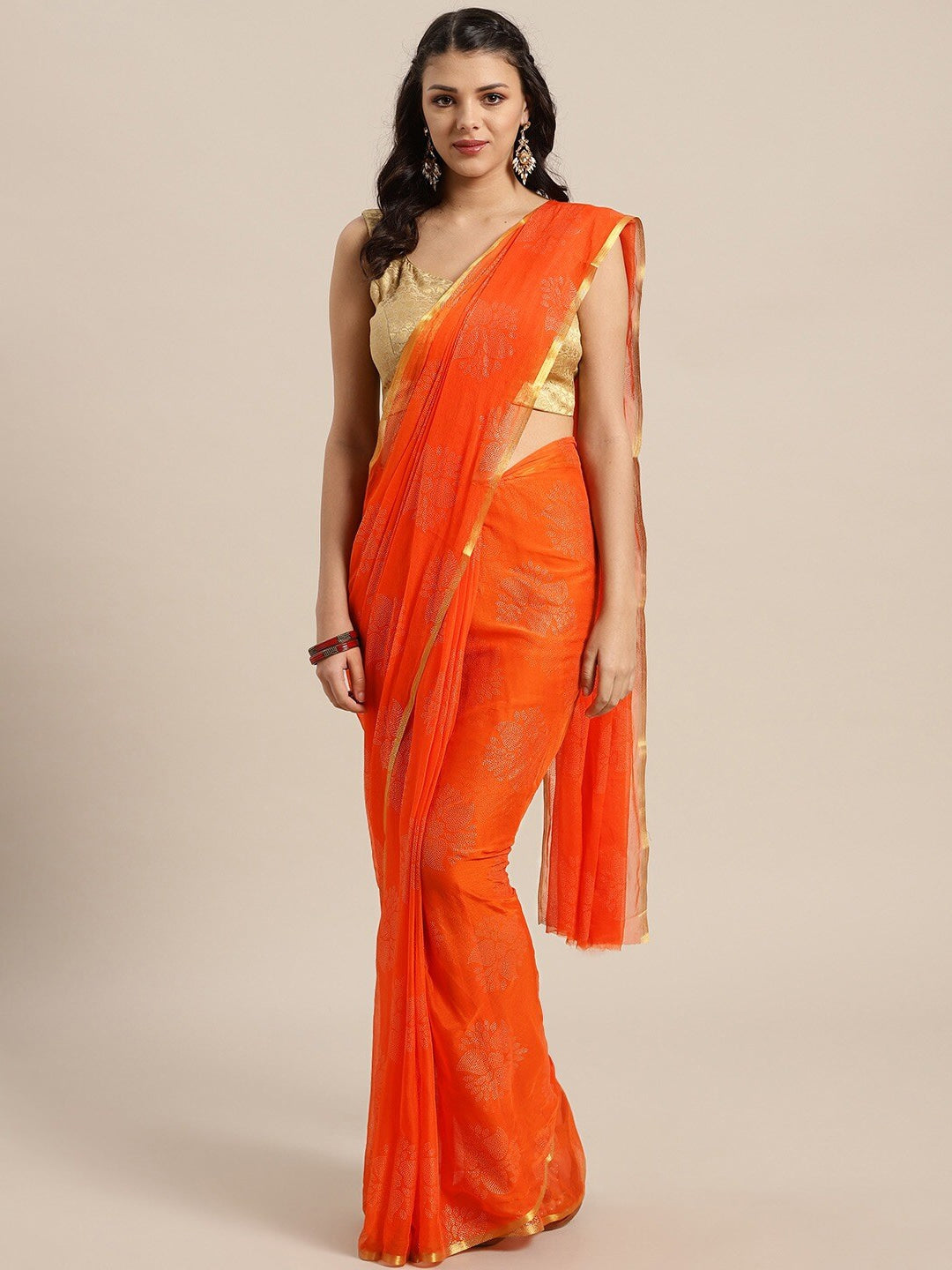 Saree Mall Orange & Gold-Toned Zari Sarees | Grocsy
