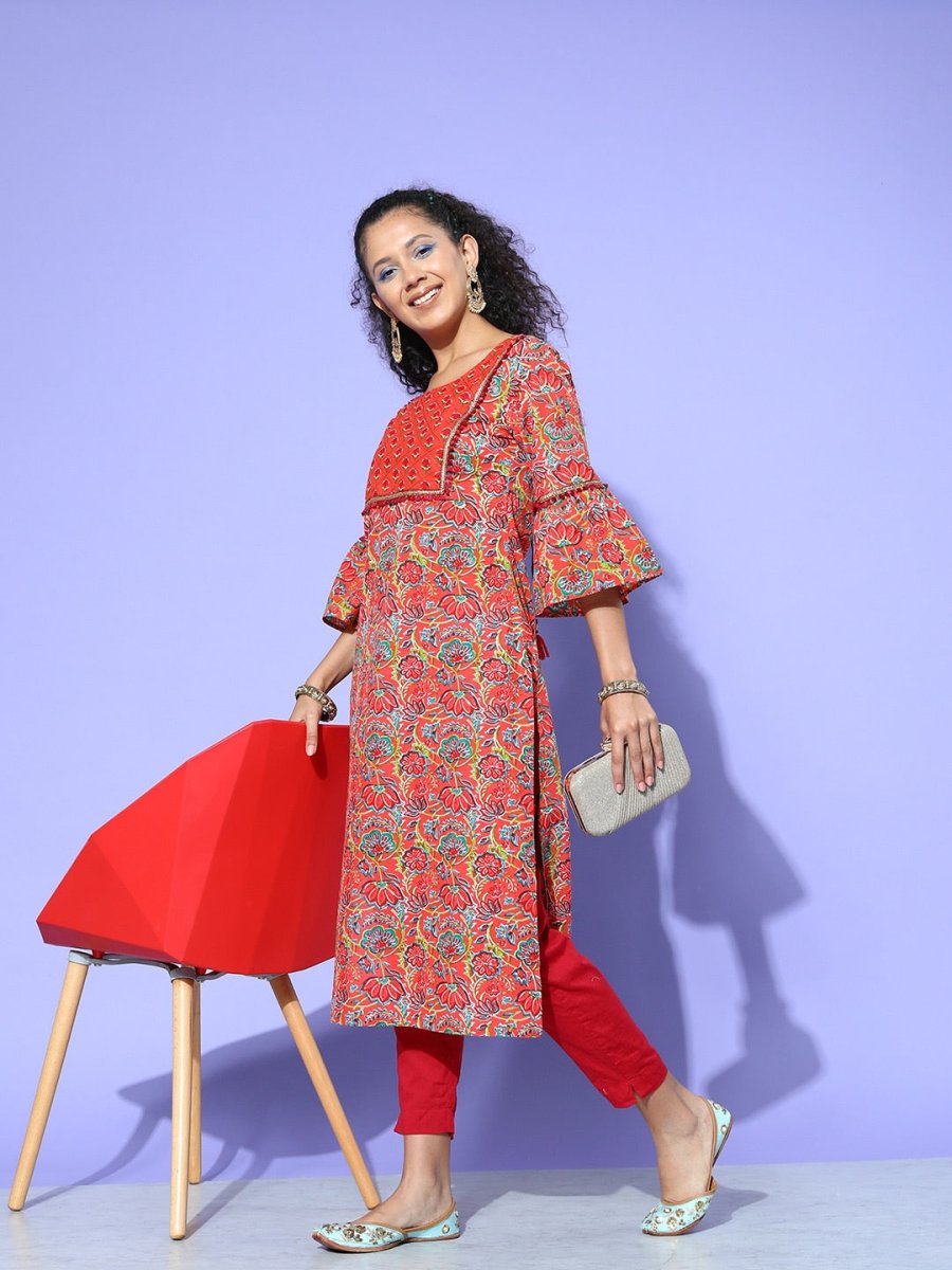 All About You Women Orange & Green Floral Printed Bell Sleeves Gotta Patti Kurta | Grocsy