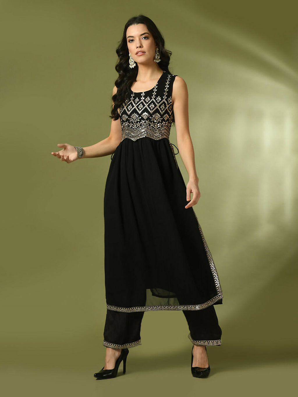 Myshka Women's Black Embroidered Georgette Anarkali Party Kurta Set | Grocsy