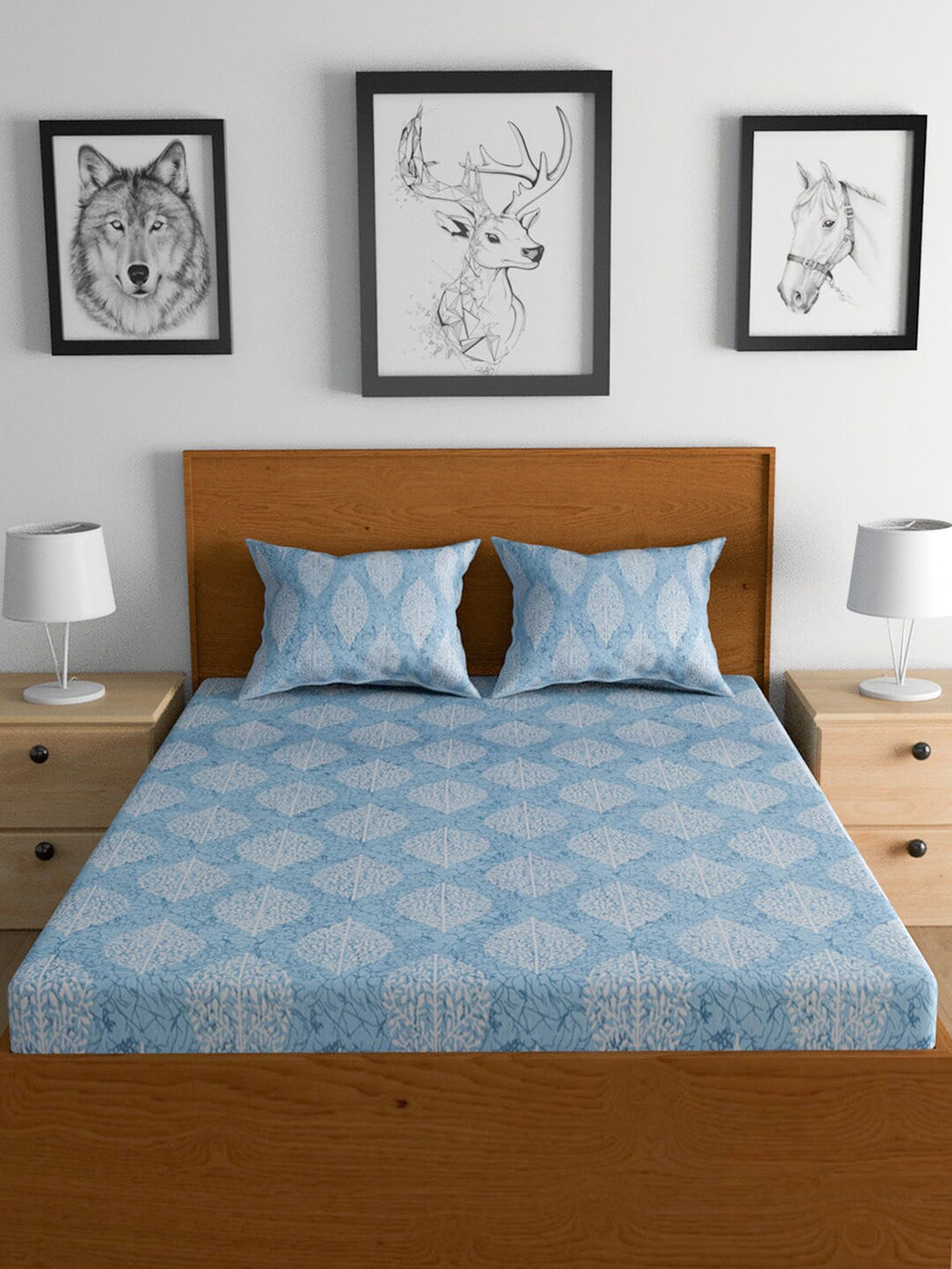 Urban Magic Blue Ethnic Motifs Printed Cotton 104 TC Queen Bedsheet With 2 Pillow Covers | Grocsy