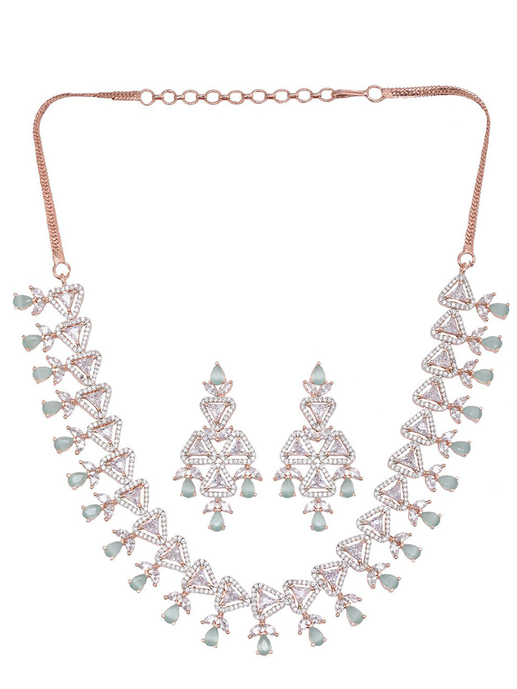 Saraf RS Jewellery Rose Gold-Polished White & Sea Green AD-Studded Handcrafted Jewellery Set | Grocsy