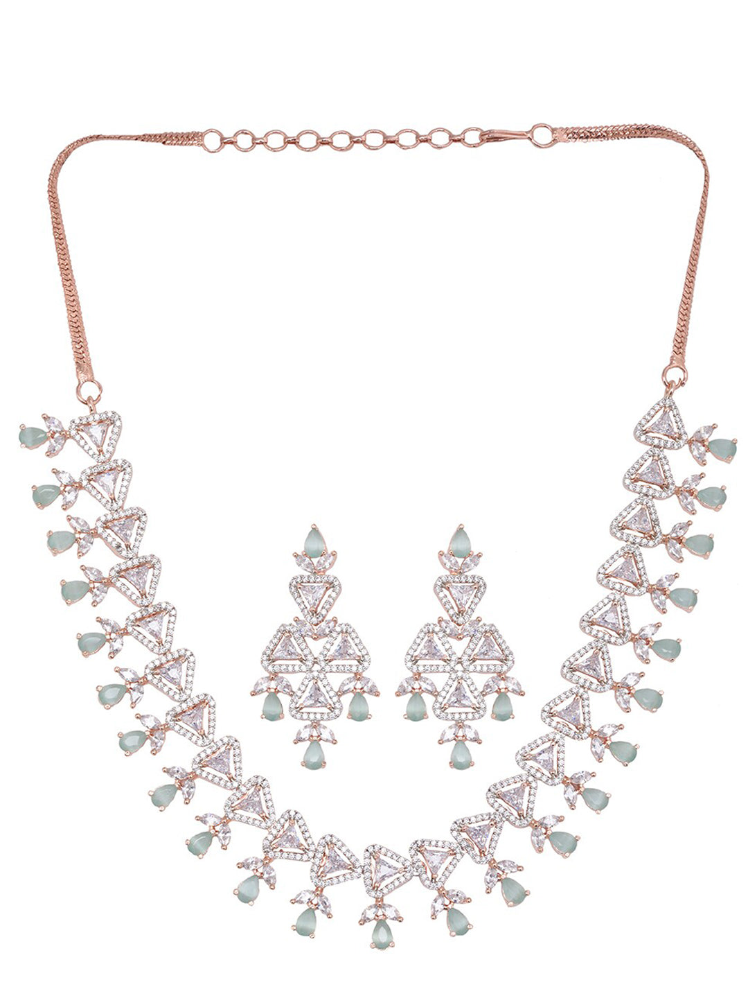 Saraf RS Jewellery Rose Gold-Polished White & Sea Green AD-Studded Handcrafted Jewellery Set | Grocsy