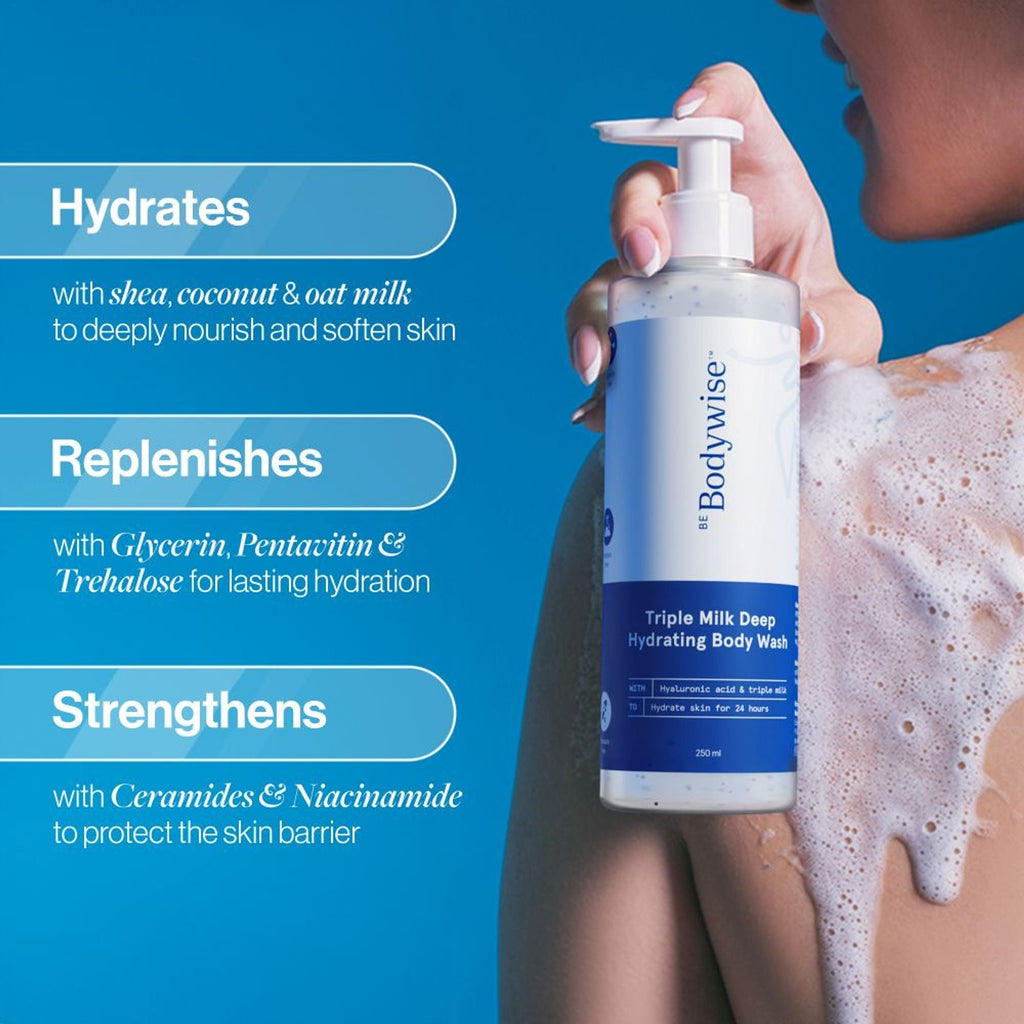 BeBodywise Triple Milk Deep Hydrating Body Wash - For Dry & Dehydrated Skin | Grocsy