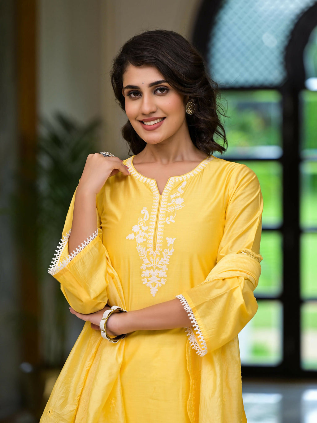 Juniper Women's Yellow Thread Embroidered Viscose Kurta Palazzo And Dupatta Set With Thread & Mirror Work | Grocsy