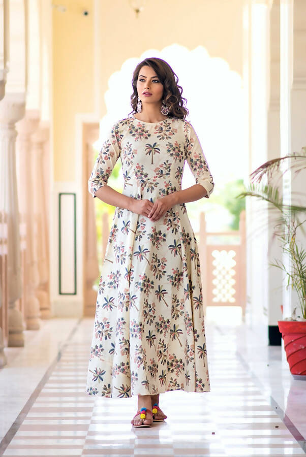 Partywear Designer Cream Pure Maslin Gown - Anbazaar | Grocsy